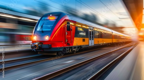 A red and yellow train is speeding down the tracks. photo