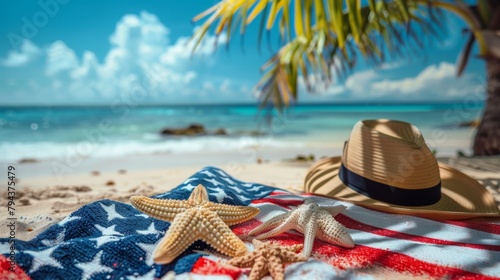 Fototapeta Naklejka Na Ścianę i Meble -  Tropical Beach Scene with American Flag Towel and Straw Hat