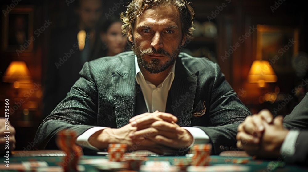 High-stakes Poker Game in a Private VIP Room with Intense Player Expressions and Dramatic Lighting High-stakes Poker Game in a Private VIP Room with Intense Player Expressions and Dramatic Lighting