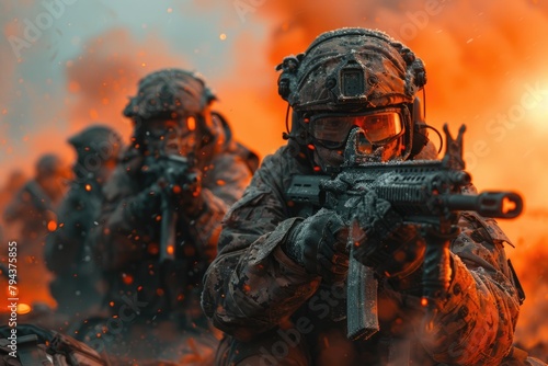 Intense Futuristic Tactical Combat Scenario with Elite Military Forces Engaged in Smoke-Filled Adrenaline-Fueled Firefight
