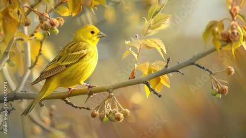 Yellow bird perched on a tree branch