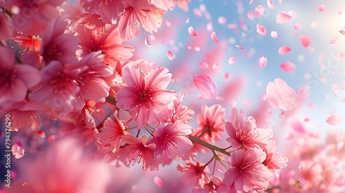 Delicate Pink Cherry Blossoms Swaying in the Breeze Ethereal Floral Landscape with Soft Petals Floating in the Air photo