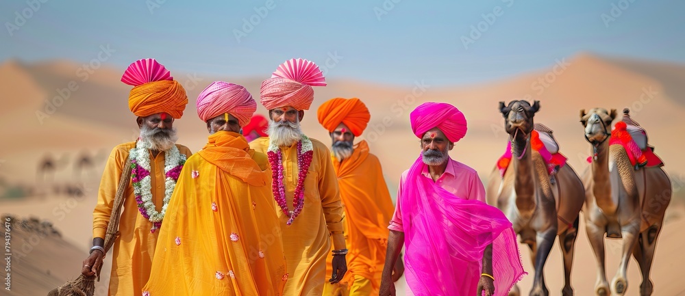indian rich man leading group of camels in the desert, wearing colorful and turban. AI generated illustration