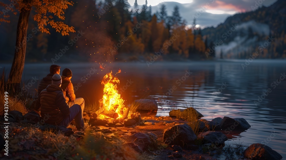 Campfire Storytelling on an Autumn Evening by the Lake
