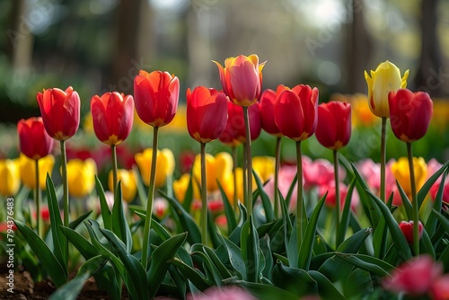 Beautiful red and yellow tulips in a spring garden.