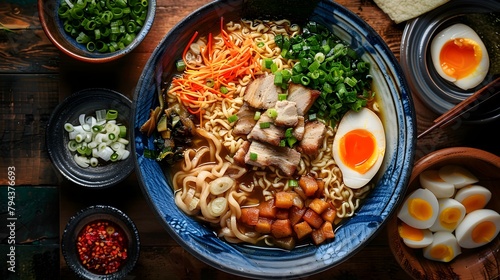 Steaming Hot Bowl of Savory Japanese Ramen with Noodles Vegetables and Meat Garnishes