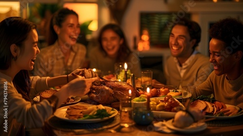 Joyful Family Gathering Around the Sunday Roast Dinner Table in Warm Lighting of a Cozy Home