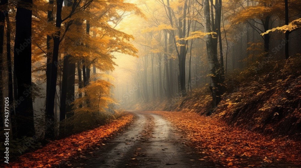 Misty autumn forest road with yellow and red leaves, large, beautiful trees on either side