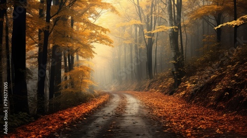 Misty autumn forest road with yellow and red leaves, large, beautiful trees on either side