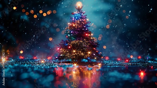 Christmas tree. Looped Christmas snow. Midnight snowfall. Neon. Noel. Loop. Generative AI. © Aleks Mainer