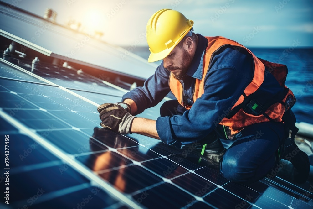 A man in a hard hat and safety vest is installing solar panels on a roof. A man in a hard hat and safety vest is installing solar panels on a roof.