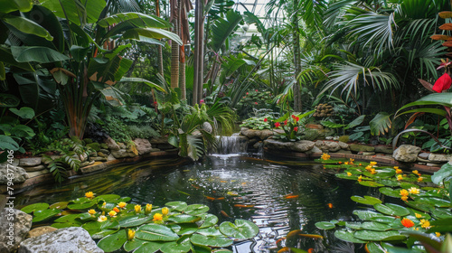 A pond with a waterfall and a lot of plants
