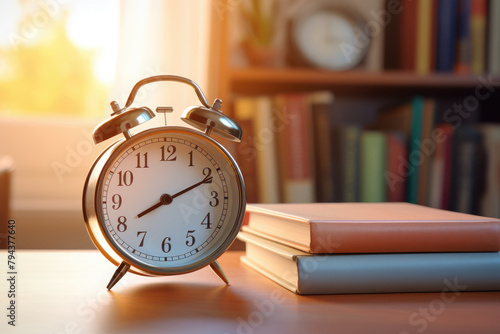 An alarm clock sits on a desk next to a stack of books.