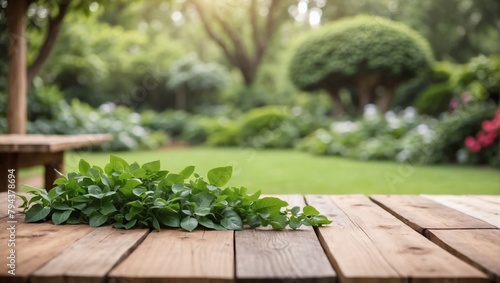 Rustic Wood Table with Blurred Garden Greenery in the Background.