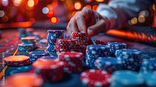 Skilled Casino Dealer Expertly Shuffles Deck Amid Neon-Lit Poker Table Action and Chips
