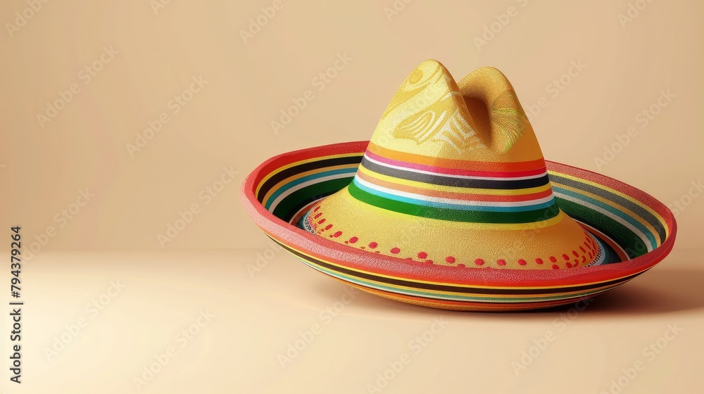 A vibrant 3D illustration of a traditional Mexican sombrero, isolated on a plain background A vibrant 3D illustration of a traditional Mexican sombrero, isolated on a plain background
