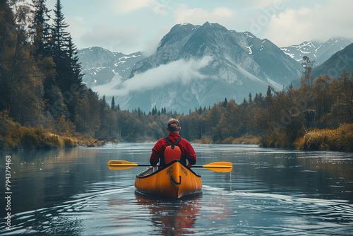 Canoeing in glacial water, the river near mountains  photo