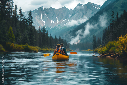 Canoeing in glacial water, the river near mountains 
