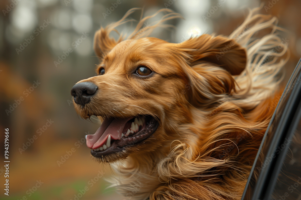 Happy dog in the car window with the wind