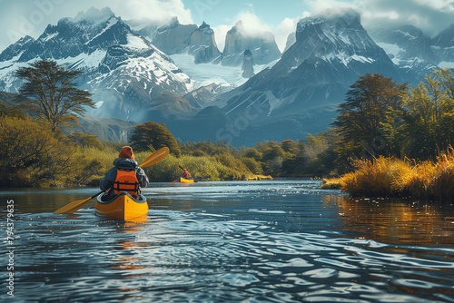 Canoeing in glacial water, the river near mountains 