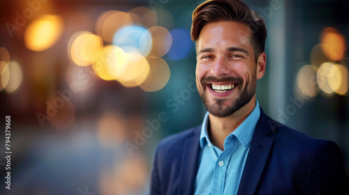 A man in a blue suit is smiling and looking at the camera. The image has a warm and friendly mood, with the man's smile and the blue color of his suit. a charismatic confident happy 30 years old ceo photo