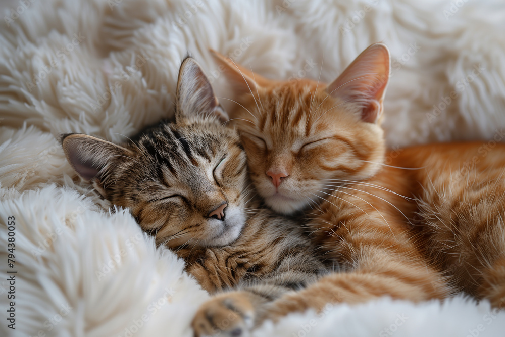 Fototapeta premium Lovely cat couple sleep together hug on white fluffy bed. Valentine's Day celebration concept