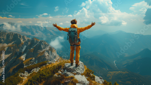 Positive man celebrating on mountain top, with arms raised up 