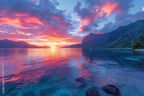 Colorful sunset sky with clouds on the horizon of the South Pacific Ocean. Lagoon landscape in Moorea. Luxury trave photo