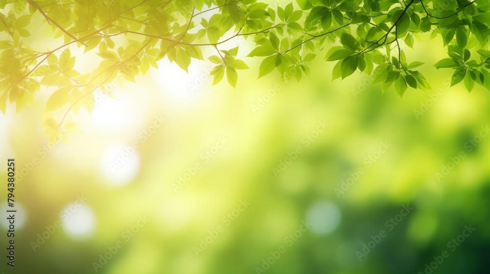 sunshine through blurred green trees, empty abstract summer or spring background banner with defocused lights and copy space.