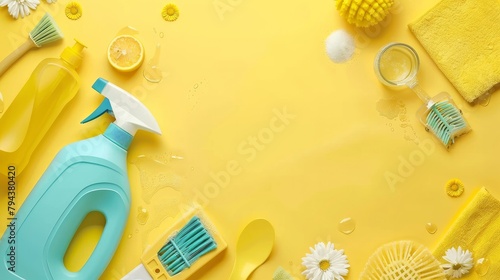 A colorful set of cleaning tools and supplies arranged neatly, designed for various surfaces in kitchens, bathrooms, and other areas, highlighting functionality and visual appeal.