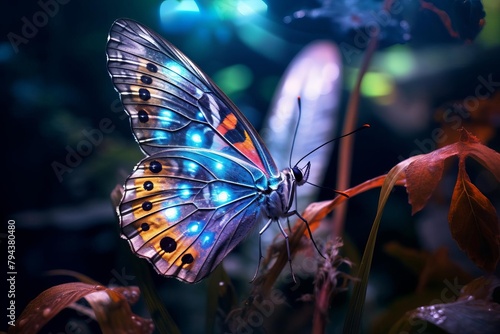 Macro shot of a butterfly in a natural garden setting, with a holographic signal softly overlaying the background for a scifi effect