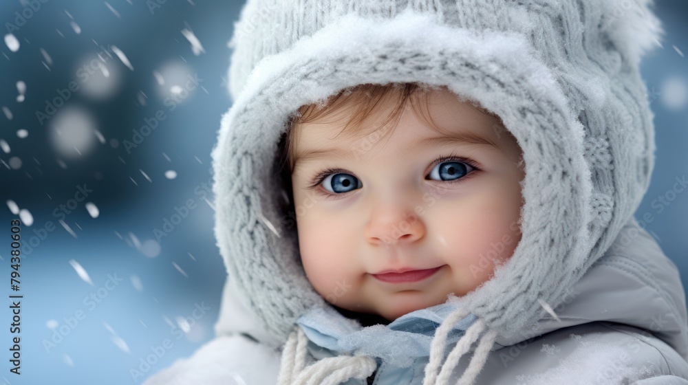 A beautiful blue-eyed little girl in winter clothes and a knitted hood with a cute smile looks at the camera against the background of falling snowflakes A beautiful blue-eyed little girl in winter clothes and a knitted hood with a cute smile looks at the camera against the background of falling snowflakes