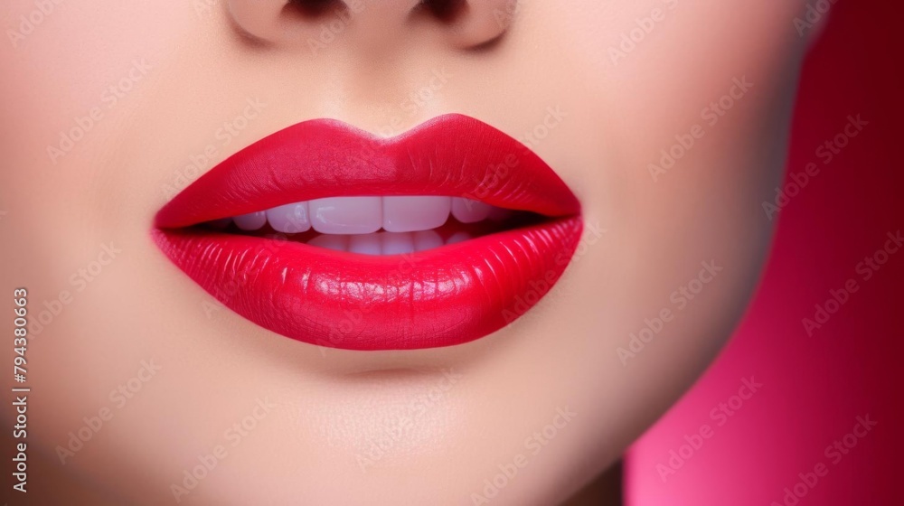 Studio closeup of a lip model, showcasing vibrant lipstick and perfect skin, ideal for beauty and cosmetic ad campaigns Studio closeup of a lip model, showcasing vibrant lipstick and perfect skin, ideal for beauty and cosmetic ad campaigns