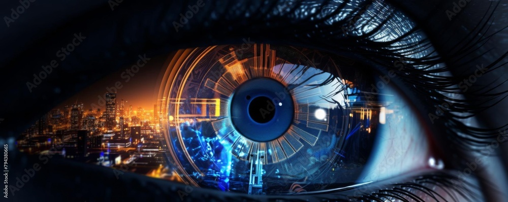 Striking image of an eye closeup, where a detailed holographic cityscape seamlessly integrates into the iris, suggesting advanced urban connectivity