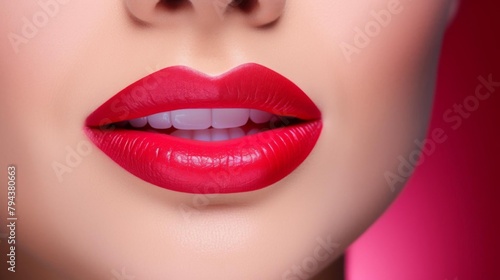 Studio closeup of a lip model, showcasing vibrant lipstick and perfect skin, ideal for beauty and cosmetic ad campaigns