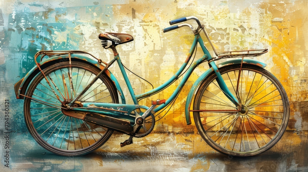   A blue bicycle is depicted, parked in front of a yellow-and-blue wall painting