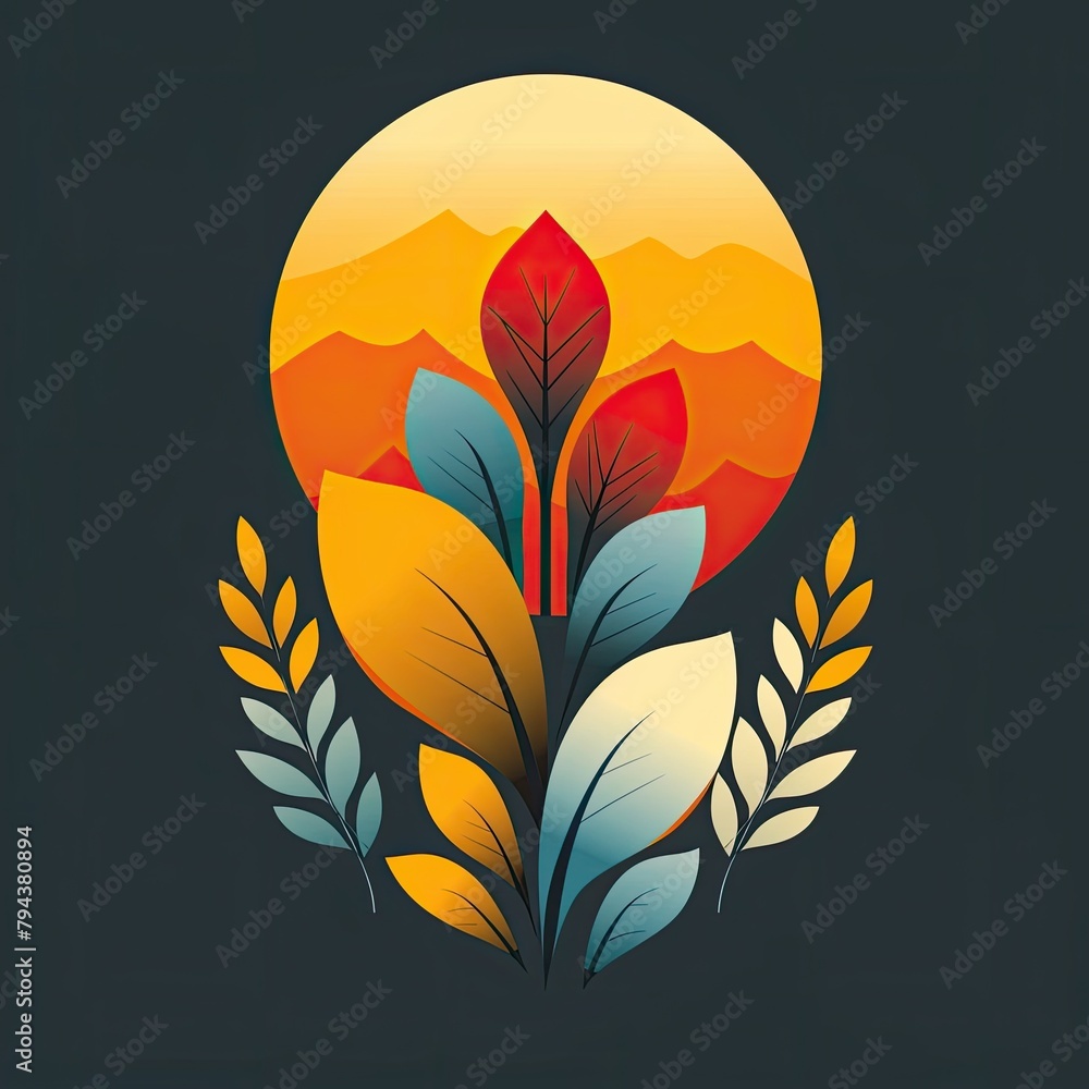 Fototapeta premium Vibrant Autumn Landscape with Silhouetted Mountains and Lush Foliage under Warm Sunset Glow