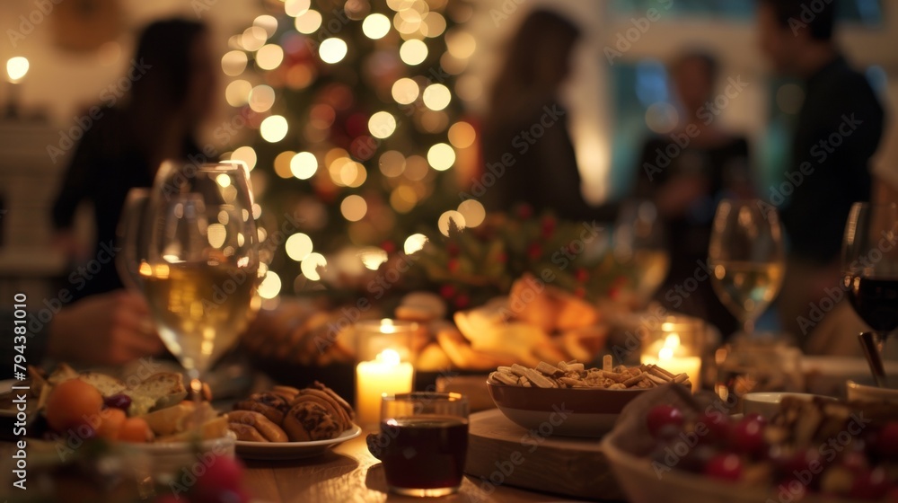 Soft blurred edges and dreamy bokeh create an intimate ambiance as friends and family gather around a feast of tempting treats at the gourmet gathering. .