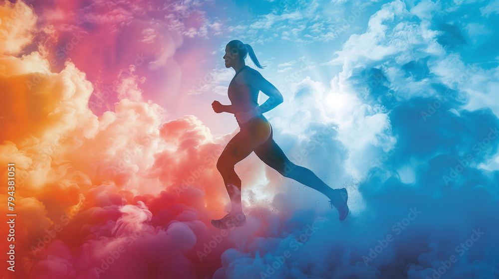 Woman Running Through Colorful Cloudscape