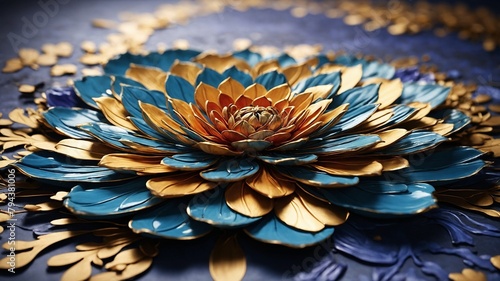 Large, intricate flower constructed from metallic petals of varying shades of blue, gold dominates image, casting elegant, luxurious aura. Each petal, meticulously crafted, arranged. photo