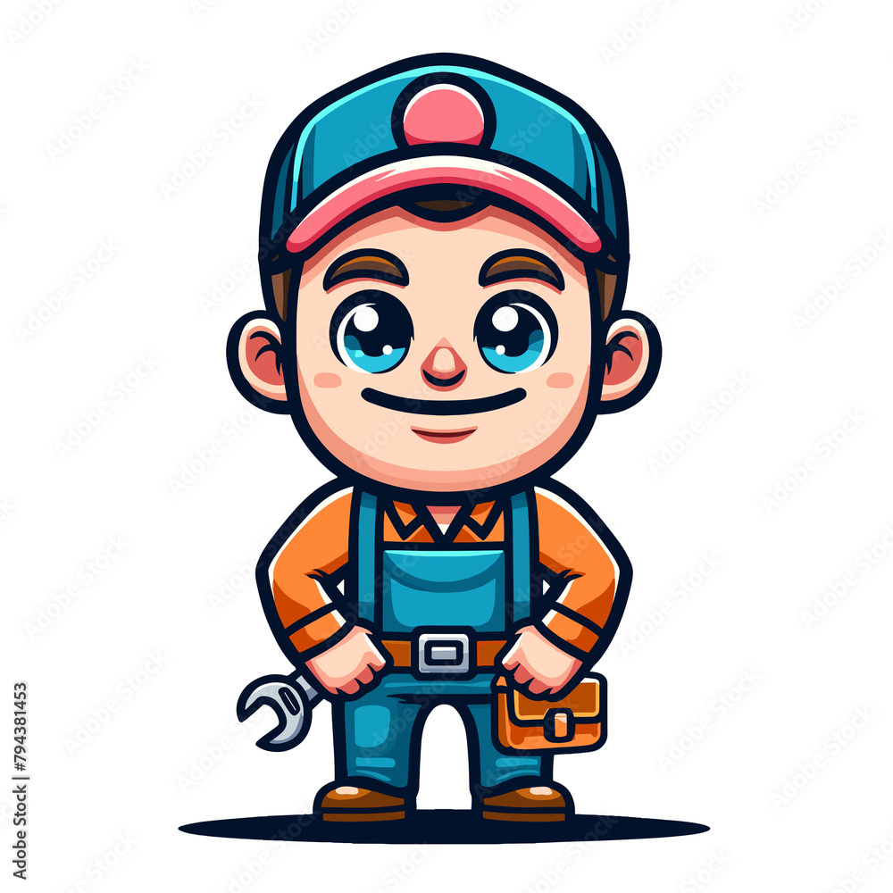Obraz premium Cartoon Handyman Boy with Hammer and Wrench, Repair Work Concept