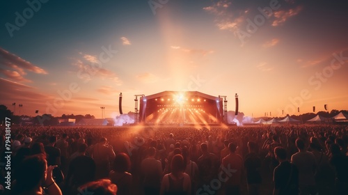 The main stage at a large outdoor music festival on a summer evening. Crowds of people in from of the scene. Shallow field of view. photo