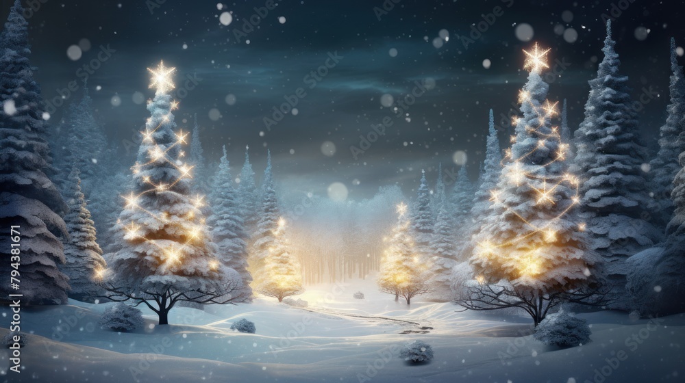 A winter spectacle unfolds as a Christmas tree, adorned with sparkling garlands, graces the snowy forest with its festive brilliance. A winter spectacle unfolds as a Christmas tree, adorned with sparkling garlands, graces the snowy forest with its festive brilliance.