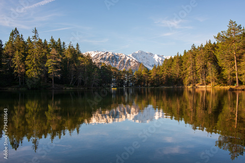 Calm lake with a perfect reflection of pine trees and a snow-capped mountain under a clear sky.