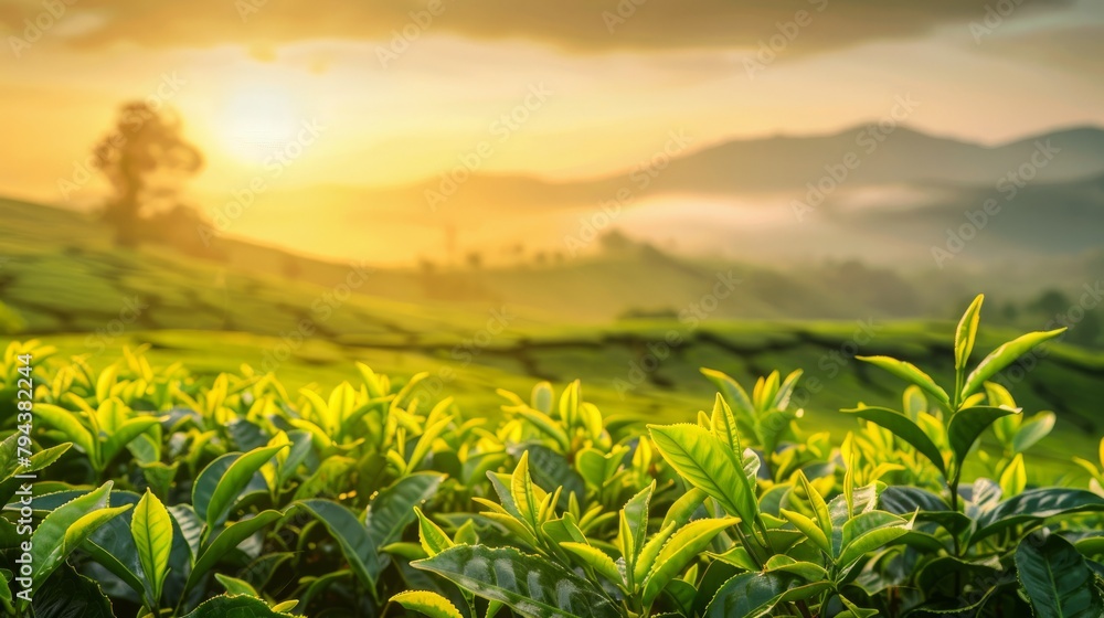 A serene view of lush tea plantations bathed in the soft morning light A serene view of lush tea plantations bathed in the soft morning light