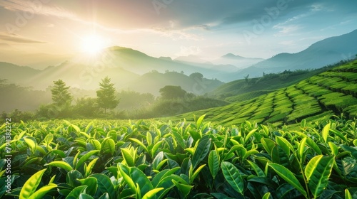 A serene view of lush tea plantations bathed in the soft morning light
