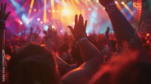 Sweeping glimpses of swaying bodies and outstretched arms create a mesmerizing background for the immersive experience of Coachella Cool. Against the blurred background the tents laser . photo
