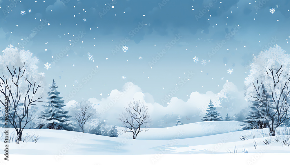 Flat design winter illustration with stylized trees, a clear sky, and gentle snow, creating a calm, minimalist snowy scene. Generative AI