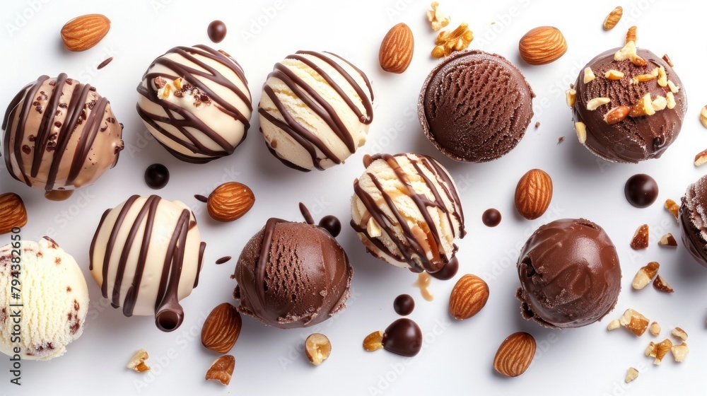 A delightful image featuring multiple scoops of ice cream, each drizzled with rich chocolate sauce and sprinkled with nuts A delightful image featuring multiple scoops of ice cream, each drizzled with rich chocolate sauce and sprinkled with nuts