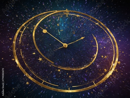Golden clock with roman numerals finds itself suspended in space filled with stars, celestial bodies, radiating aura of timelessness, infinite universe.